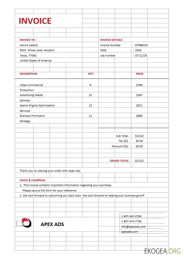 Modèle de facture de consultant en publicité